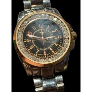 Elegant Ladies Two-Tone Wristwatch with Rhinestone Bezel & Black Dial